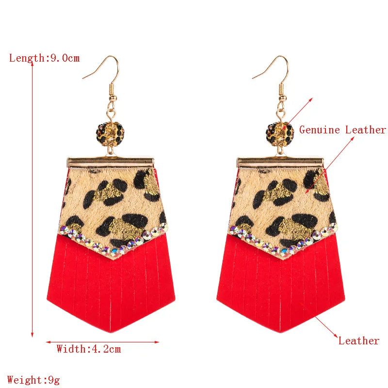 Crystal Gold Stamping Leopard Print Colorful Leather Tassels Dangle Earrings