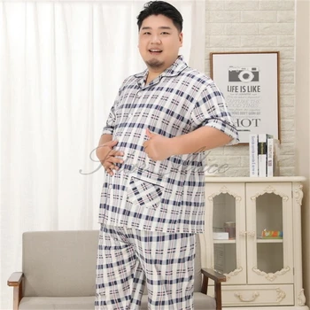 

Free shipping 2020 men's summer and autumn plus fat plus size short-sleeved trousers pajamas suit plaid cotton lapel home servic