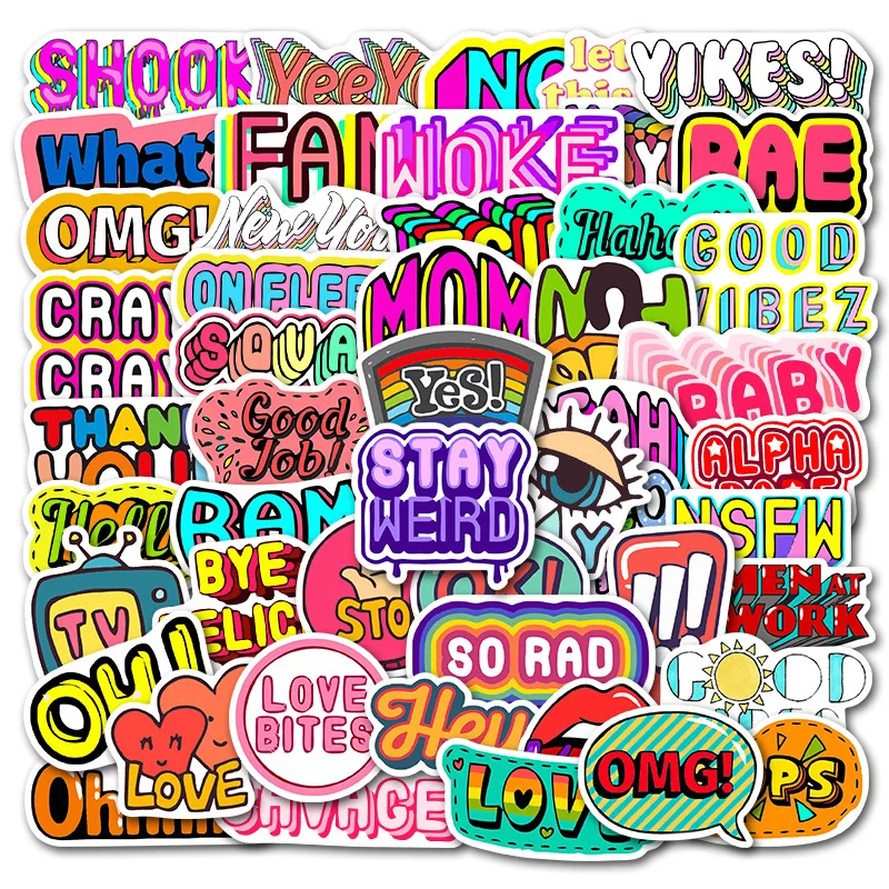 50pcs Cartoon English Phrase Children Waterproof Stickers Skateboard Guitar Suitcase Vsco Girl Diy Sticker Kid Graffiti Toy Stickers Aliexpress