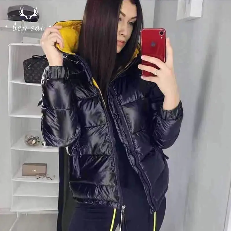 

Women Fashion Thicken Hooded Glossy Material Solid Parker Coat Casual Pocket Short Jacket Winter Female New