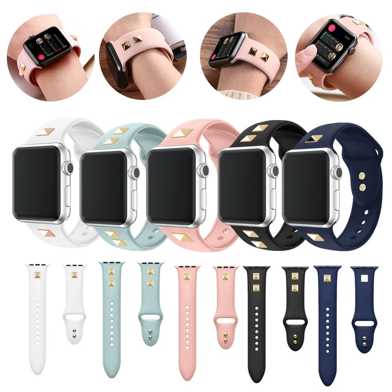 Силиконовый ремешок для apple watch спортивный браслет 38 мм 40 42 44 с заклепками в стиле