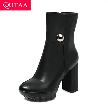 

QUTAA 2021 Metal Buckle Round Toe Ankle Boots Autumn Winter Platform Zipper Short Boot PU Square High Heel Women Shoes Size34-43