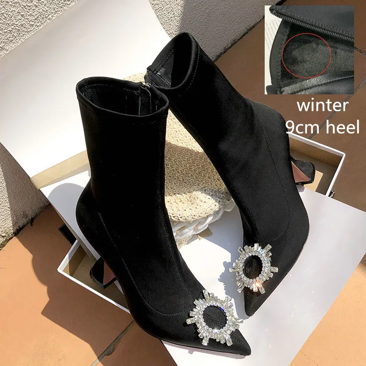 9cm heel winter Женские полусапожки в европейском стиле, размеры 34-42 г. Новые эластичные сапоги со стразами - Цвет: 9cm heel winter