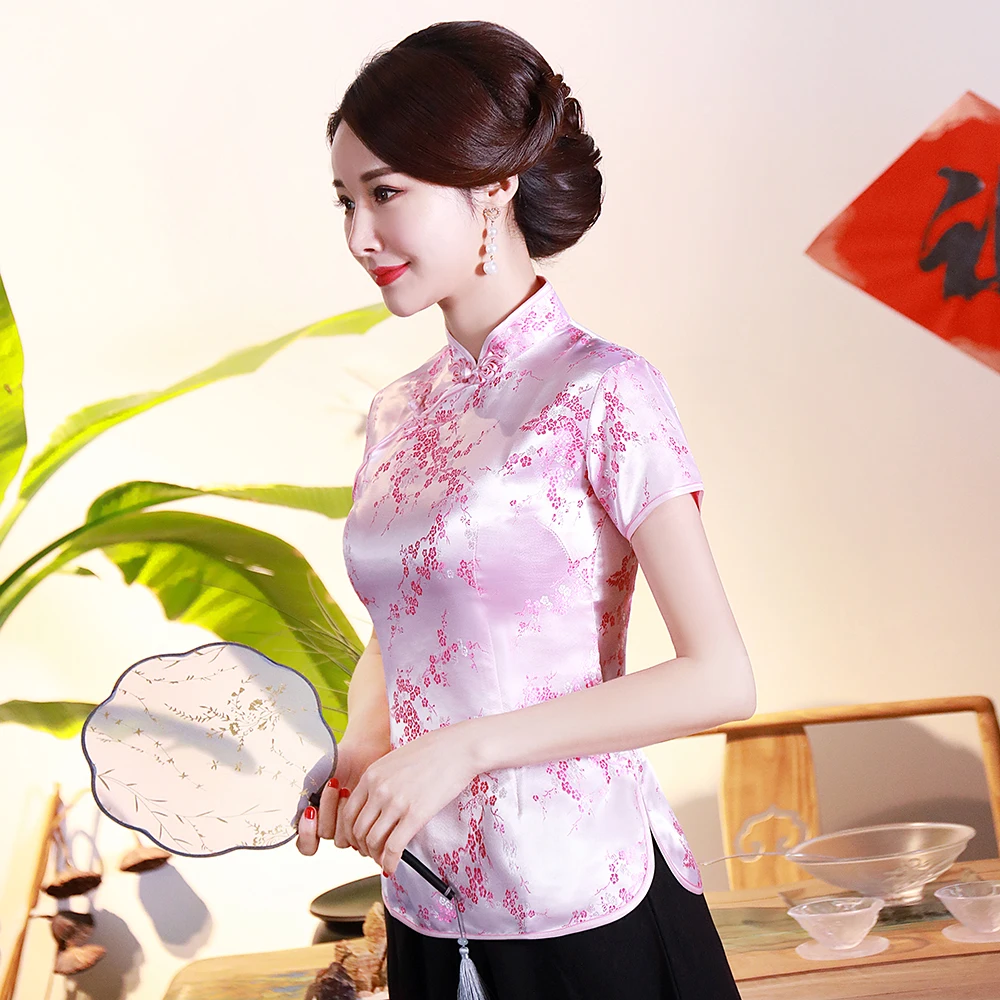 Новинка; платье с цветочным узором розовый цвет, вискоза традиционной китайской блузка восточные Стиль женские Традиционная рубашка летние пляжные вьетнамки больших размеров с 3XL 4XL Элегантные Топы Одежда Tang