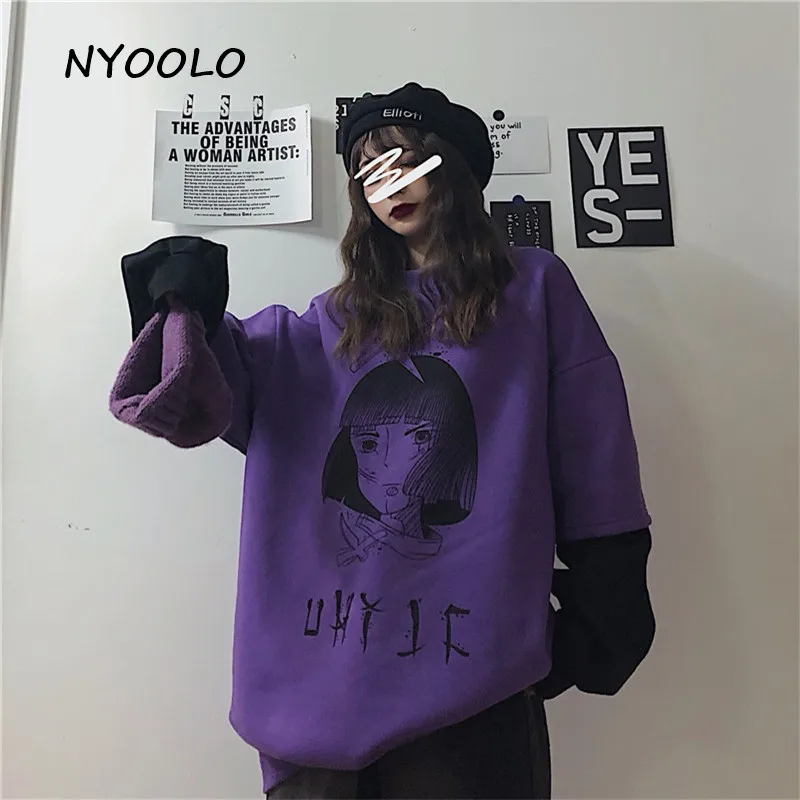 NYOOLO осень зима аниме мультфильм печати толстовки поддельные из двух частей лоскутное плюс бархат Теплый пуловер толстовка с капюшоном женские топы
