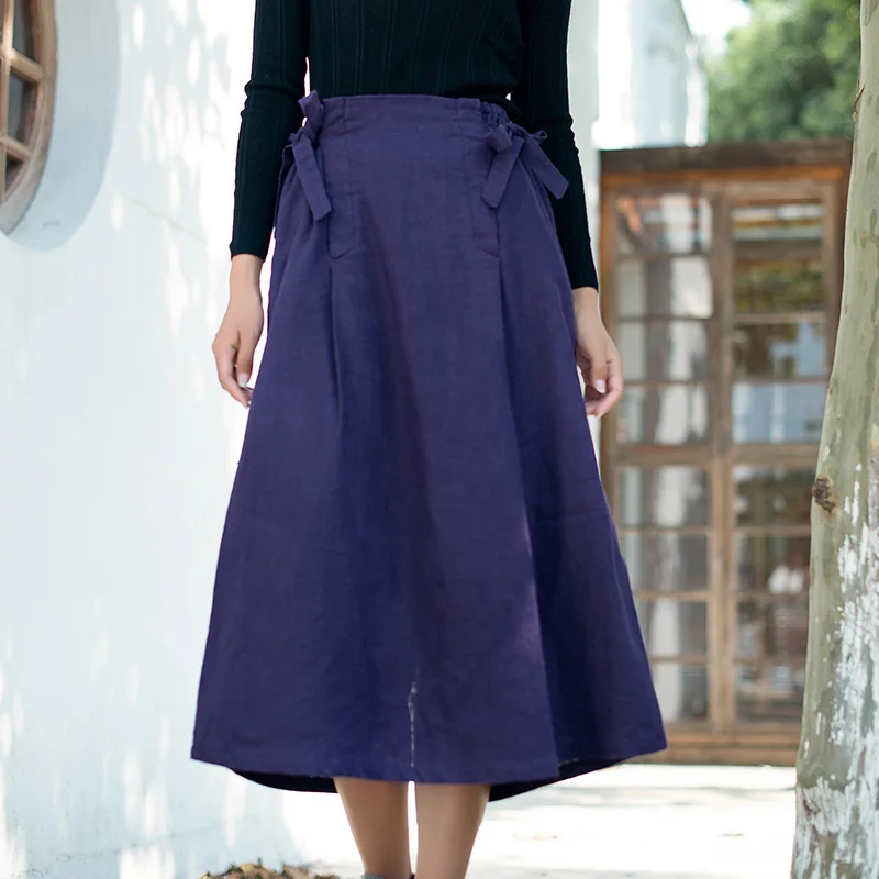 Purple SCUWLINEN новые женские юбки однотонная эластичная шнуровка для талии плюс размер свободное льняное хлопковое плиссированная Повседневная Юбка Saia Longa S988 - Цвет: Purple