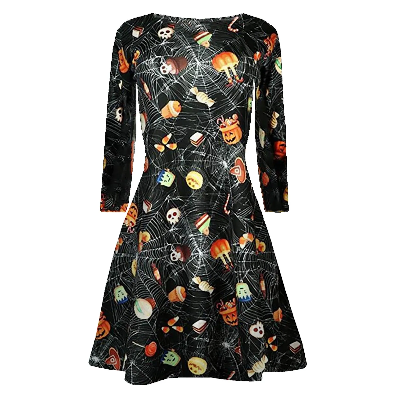 Women's  Pumpkins Skull print Dresses Halloween Robe Vestido Long Sleeve Halloween Evening Prom Costume Swing Dress O-neck Femme 2