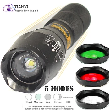 E17 2000 루멘 줌 가능 LED 손전등, T6 XM-L 5 모드, 캠핑 토치, 녹색 조명, 적색 조명 필터 램프