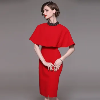 

Red Bridemaids Dresses For Wedding Sexy Party Pencil Dress Midi Long Formal Cape Dress For Wedding 2019 Bridesmaid Dress TS1621