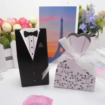 

100Pcs/lot Candy Box Bride And Groom Dresses Wedding Candy Box Gifts Favor Box Wedding Bonbonniere DIY Event Party Supplies