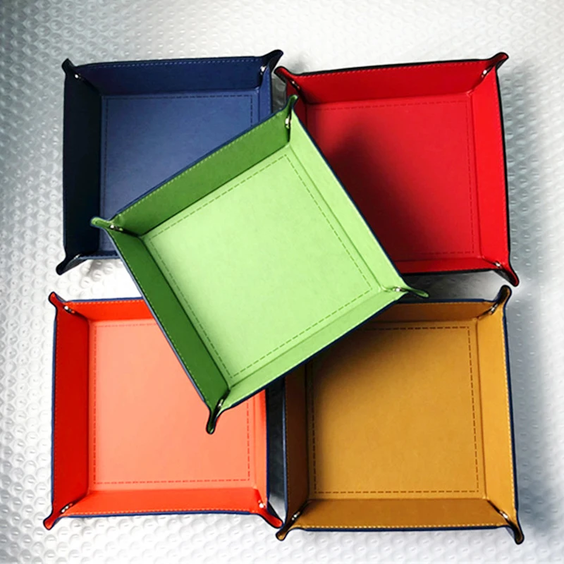 PU Leather Square Tray Foldable Storage Box for Dice Table Games Key Wallet Coin Box Tray Desktop Storage Box Trays Decor