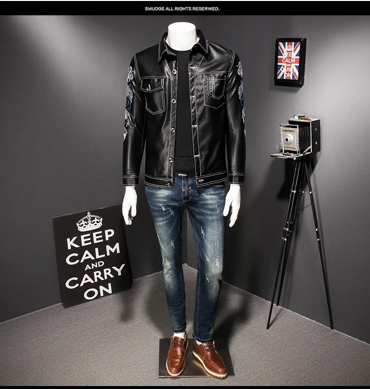 Jaqueta Мужская кожа Дракон печати Pu мужская кожаная куртка Slim Fit кнопка вниз куртка искусственная кожа мужчины Jaqueta Motoqueiro 5xl
