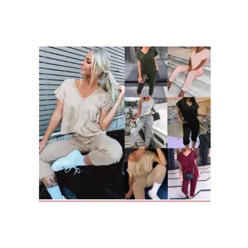 

Women's Ladies Female Leisure Casual Loose Solid Color V-Neck Short-Sleeved Shirt Harem Pants Sets Suit Trouser Outfit