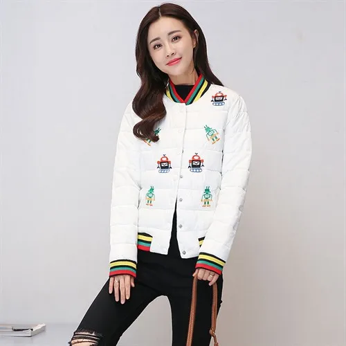 

2017 Winter New Style Korean-style Embroidered Slimming Graceful Cotton-padded Clothes Women's Crew Neck Short Cotton Coat Small