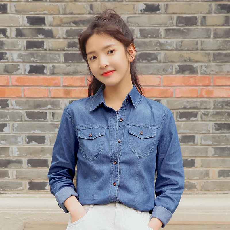

6858 Video Chapter Ronon 2019 Early Spring New Style Japanese-style Fold-down Collar Solid Color Versatile Shirt Base Shirt Long