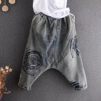 

Embroidery Jeans Pants Korean Fashion Baggy Womens Harem Pants Girl Casual Denim Oversize Elastic Female Trousers Calf-length
