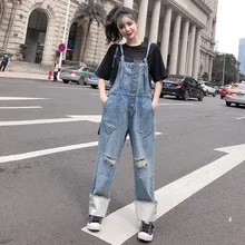 Свободные большие размеры комбинезон женские рваные джинсы с Мозаичным принтом Новые прямые широкие модные дикие брюки