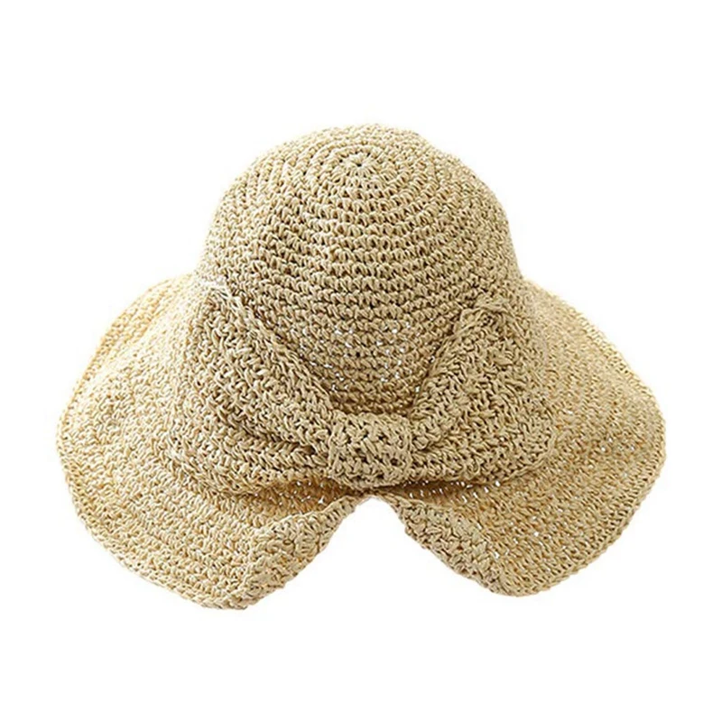 Beige Летняя тканая шляпа от солнца с бантом ручной работы, широкополая соломенная шляпа-ведро для женщин и девушек - Цвет: Beige