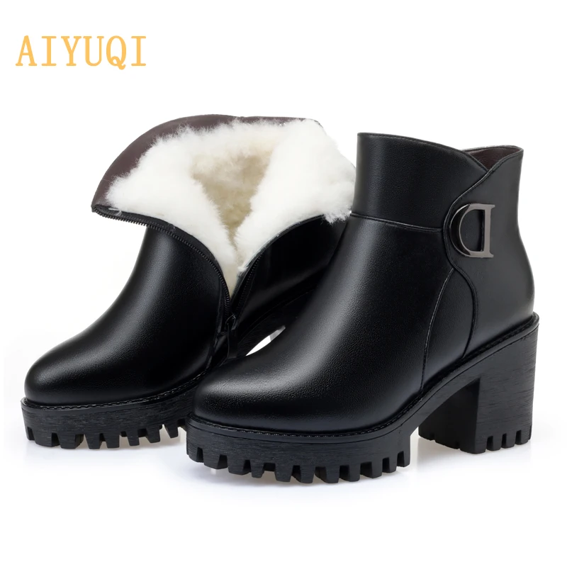 Black wool AIYUQI ботинки; Новинка года; сапоги для верховой езды из натуральной кожи на платформе и каблуке; теплые зимние женские модные ботинки на высоком каблуке для торжеств - Цвет: Black wool