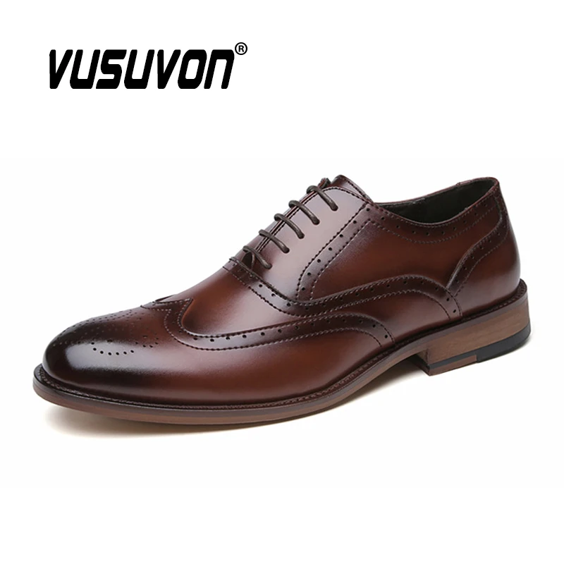 Men's Vintage Genuine Leather Brogues Shoes Wing Tip Casual Oxfords Formal Dress