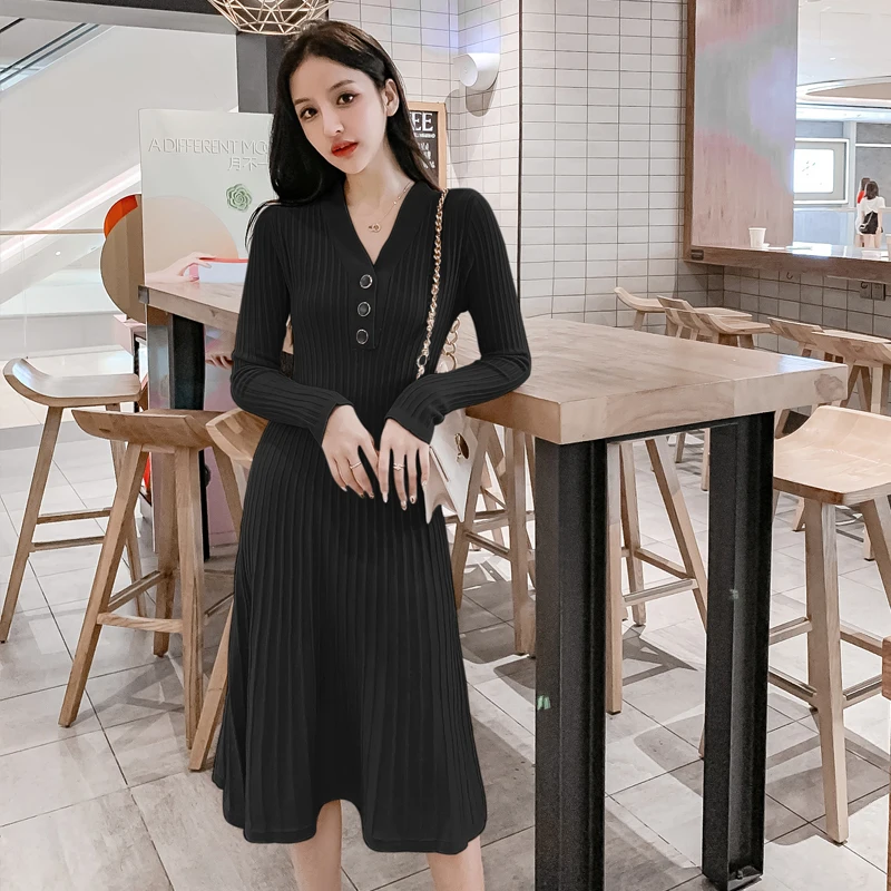Korean Fashion Knitting Woman Dress Solid Office Lady Sweater Dress Winter Long Sleeve Black Midi Dresses for Women