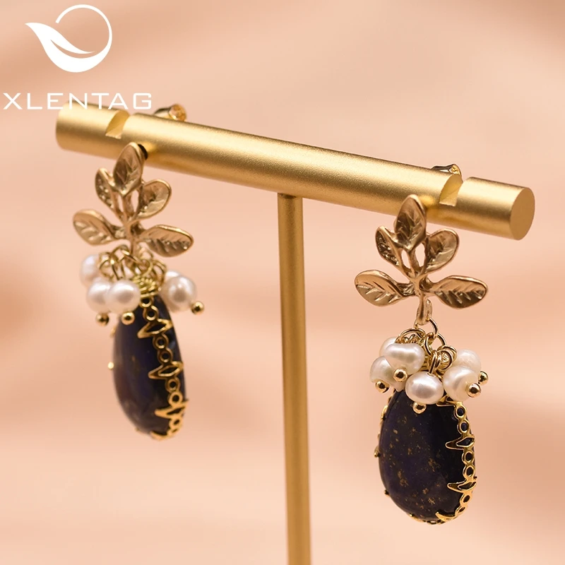 XlentAg Natural Fresh Water Baroque Pearl Drop Earrings Women Plant Leaves Dangle Earrings Luxury Handmade Fine Jewelry GE0308