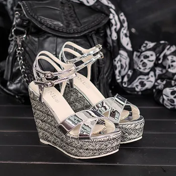 

12cm ultra-heeled patent leather sequin buckle high-heeled sandals fashionable wild comfortable wedge sandals 10cm large size