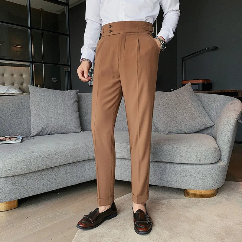 British Style Men High Waist Solid Business Casual Suit Pants Men Formal Pants  High Quality Slim Fit Office Trousers Pantalon