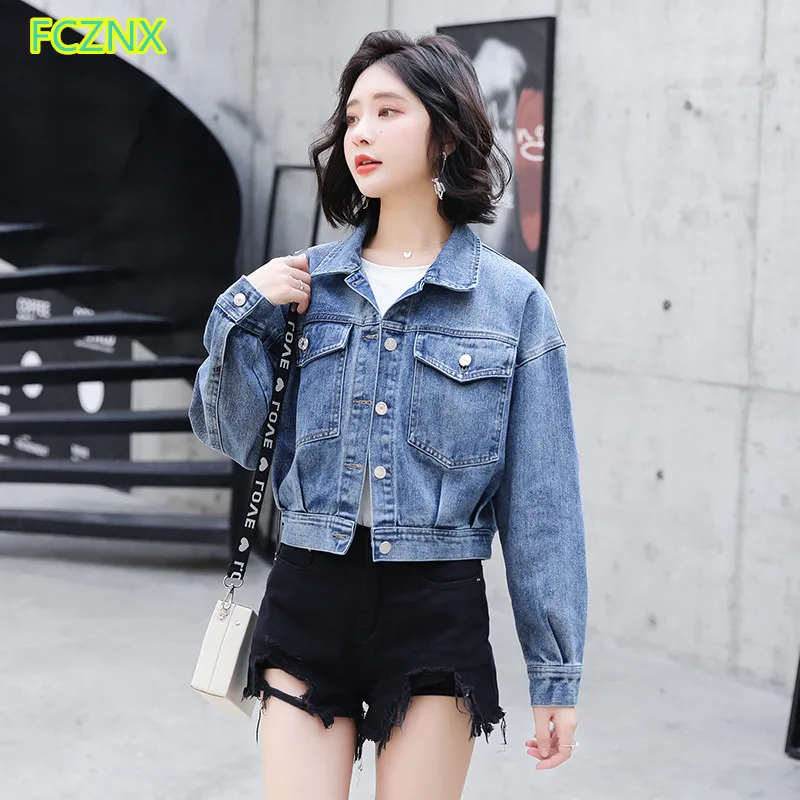  2019 women clothing long sleeve solid washed denim jacket short coat Female fashion casual loose je