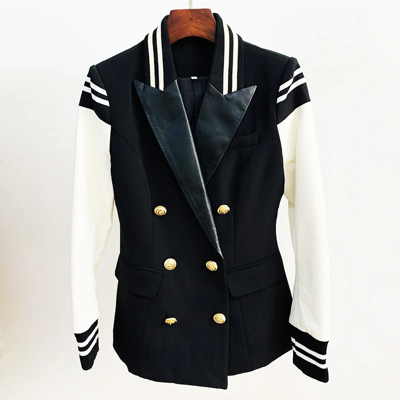 HIGH STREET New Fashion 2024 Classic Varsity Jacket Women's Lion Buttons Double Breasted Leather Sleeve Patchwork Blazer 2