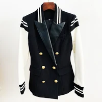 HIGH STREET New Fashion 2024 Classic Varsity Jacket Women's Lion Buttons Double Breasted Leather Sleeve Patchwork Blazer 2