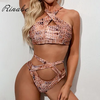 

Rinabe Hollow Out Bikini High Neck Swimsuit High Waist Swimwear Leopard Print Bikini Set Bathing Suit Women Bikinis Beachwear