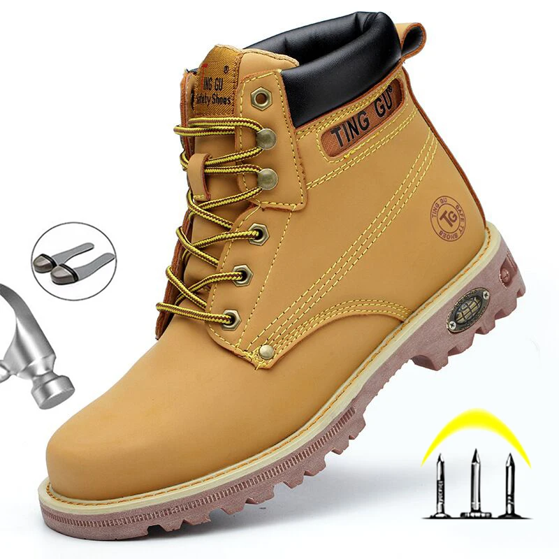 Men's Safety Shoes Steel Toe Work Boots Leather Hiking Martin Boots Ankle Shoes 