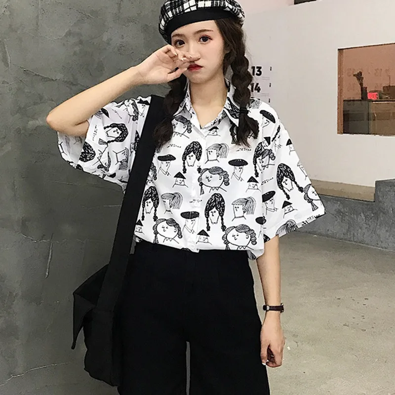 

Fashion Character Girl Printed Blouse Women Graffiti Blouses Short Sleeve Turn Down Collar Loose Shirt Women Tops Streetwear