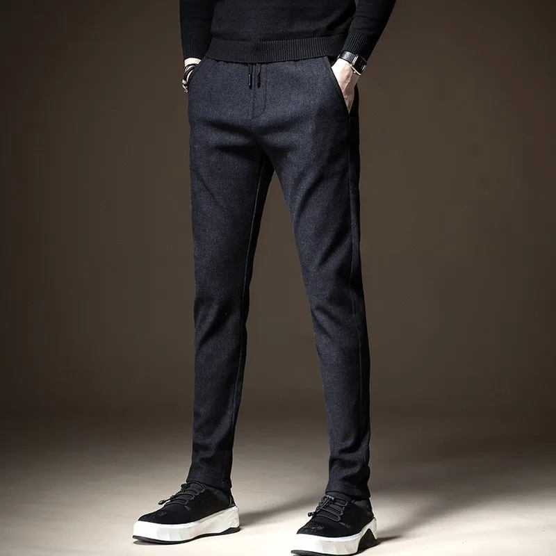 

Winter Men Elastic Waist Slim Thick Casual Trousers Fashion 2020 Warm Stretch Straight Pants High Street Pocket Business Pants