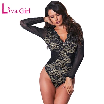 

LIVA GIRL Black Long Sleeve Bodysuit Women Floral Lace Bodysuits Sexy Sheer Hollow Out V-neck Bodycon Jumpsuits Female Body Tops