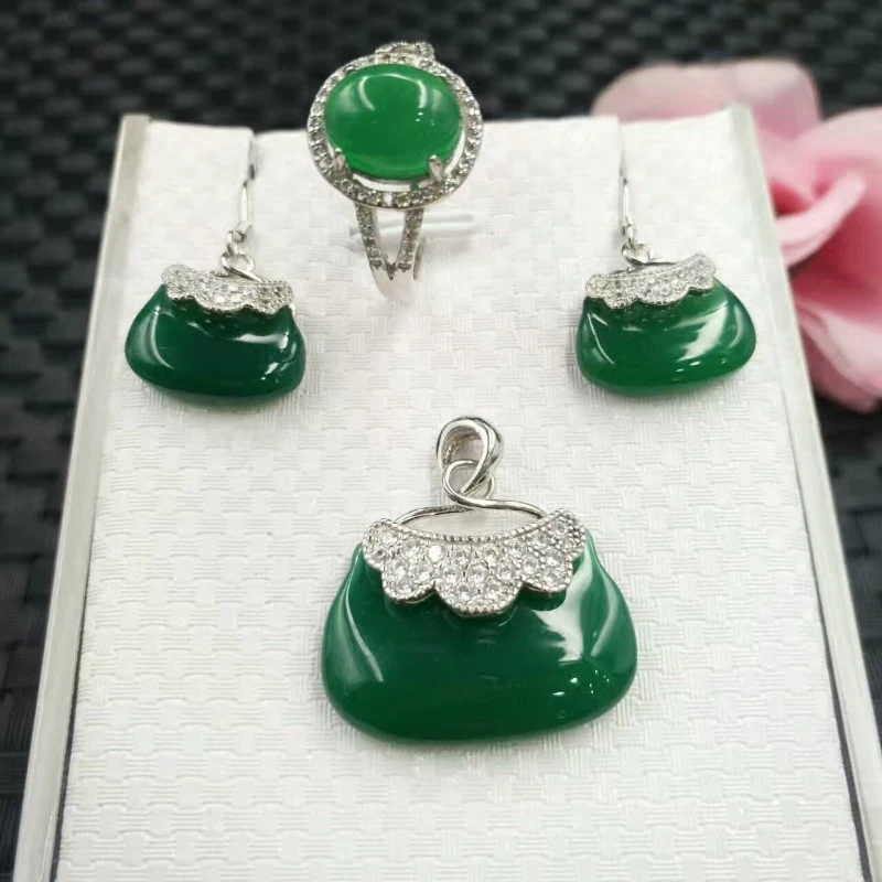Natural ice-colored jade myelin package bag pendant earring ring three-piece set yellow and green two S925 silver inlaid women's