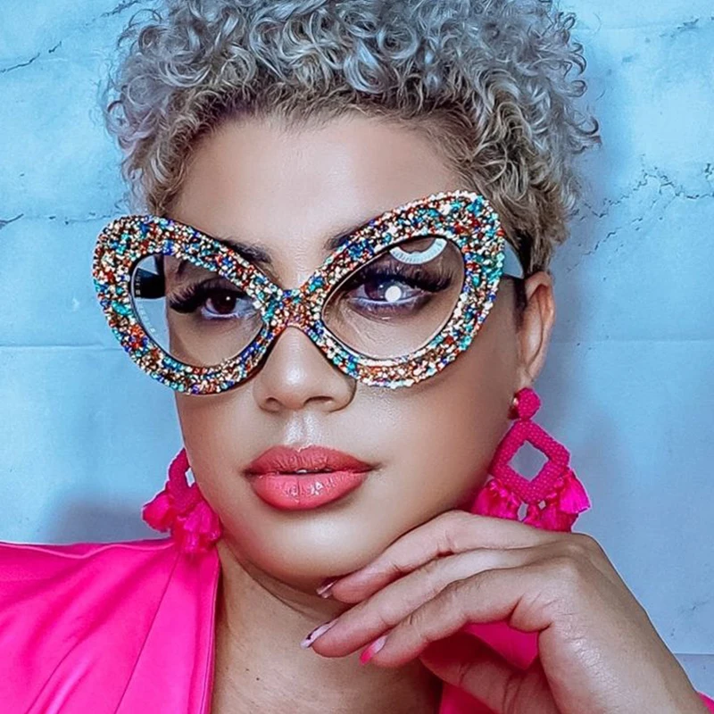 

Women's Oversized Glasses Frame Luxury New Crystal Sexy Cat Eyes Glasses Woman Fashion Big Frame Color Female Glasses Clear