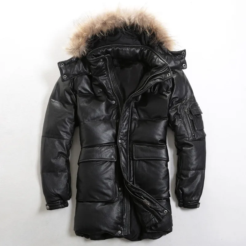 

2020 Black Men Long Hood Casual Leather Jacket Goose Feather Genuine Cowhide Thick Russia Winter Down Coat