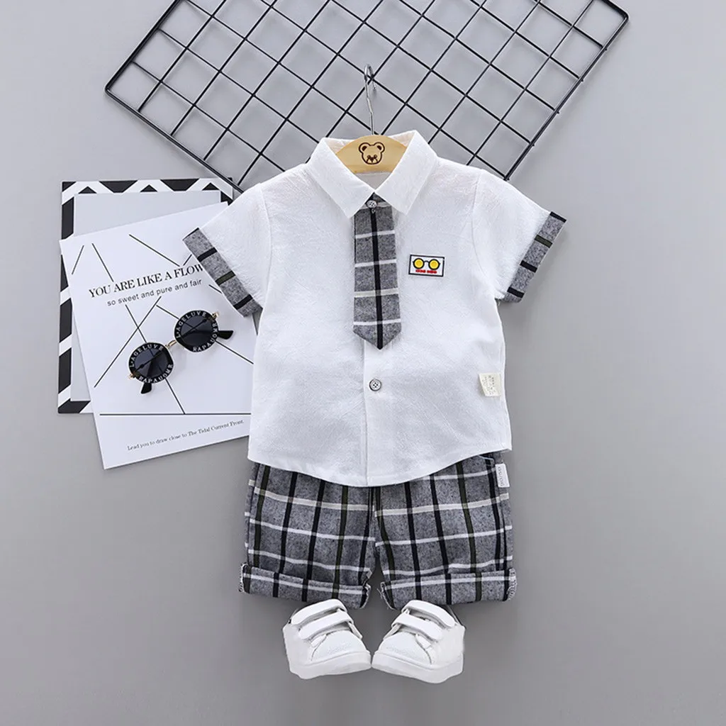 Baby Boy Clothes Gentlemen Tie Outfits T shirt Tops Shorts Boy Suit For Weddings Prom Little Boys Summer Outfits Children Suits