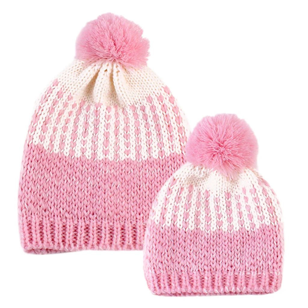 Winter Stylish Warm Novelty Mom+Baby Knitted Pom Bobble Hat Cap