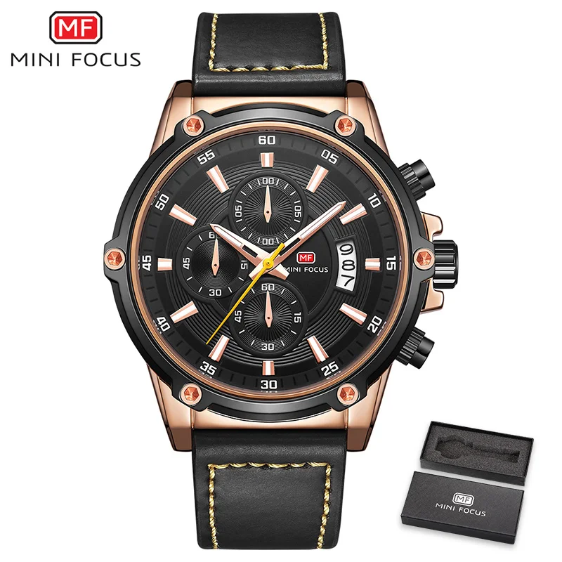 gold black watch Мини фокус люксовый бренд Мужские часы кожаный ремешок черный Водонепроницаемый Модные мужские спортивные часы мужские наручные кварцевые часы Montre Homme - Цвет: gold black watch