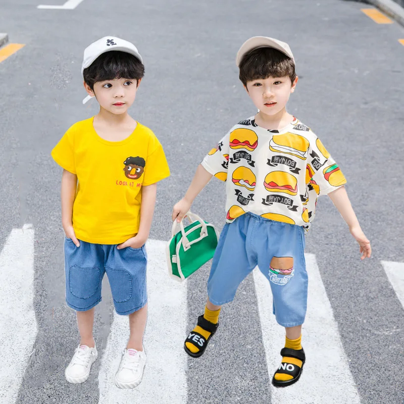 

New Style Summer Wear 2019 Shorts Short Sleeve T-shirt Korean-style Two-Piece Set Children Denim Suit Baby Clothes