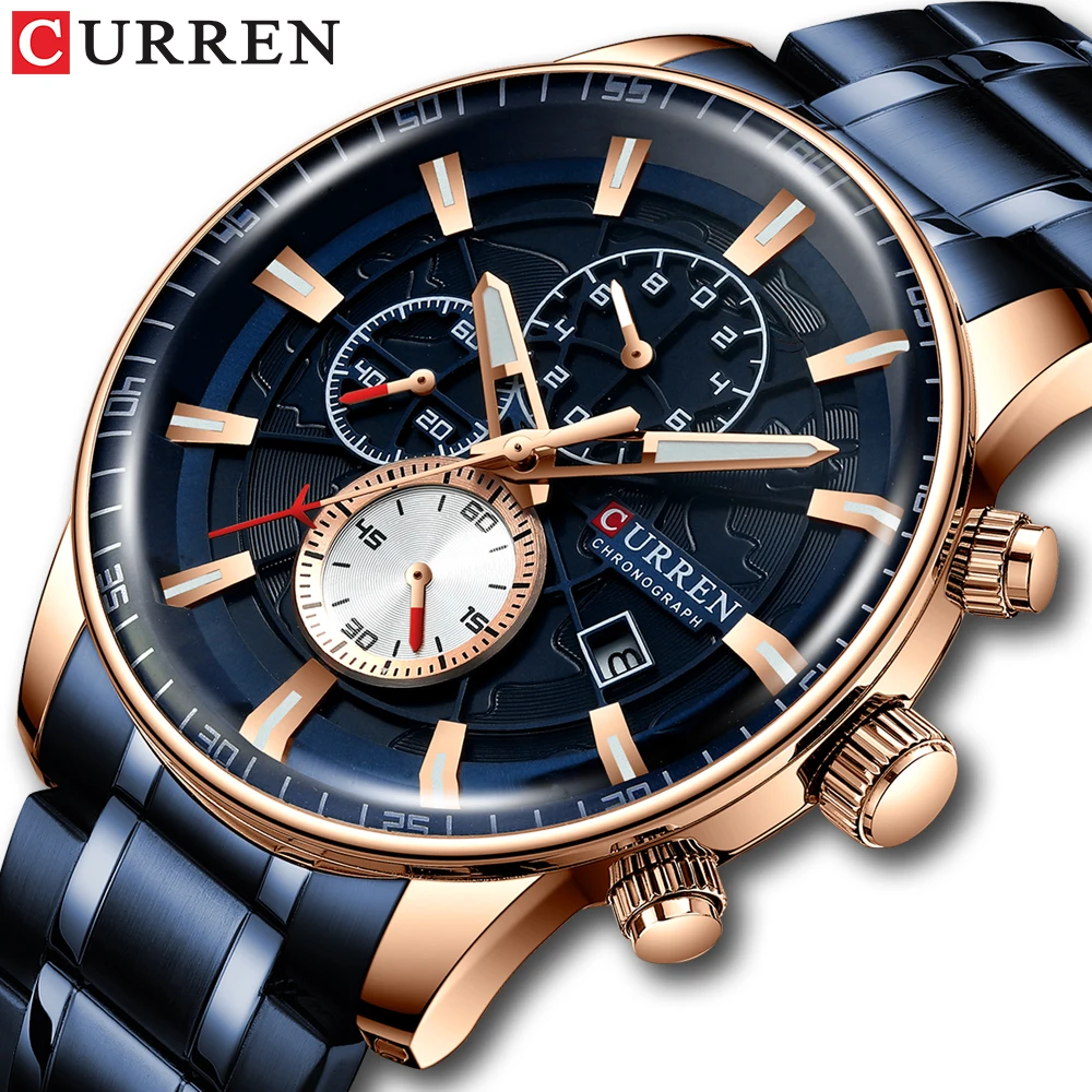 CURREN Men's Watches Quartz Watch with Stainless Steel Band Chronograph Luminous hands Clock Male Wristwatch Mens Fashion afbeelding