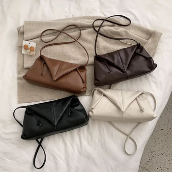 

Fashion Shoulder Messenger Handbag Solid Color Women PU Leather Soft Folding Retro Envelope Clutch Bag