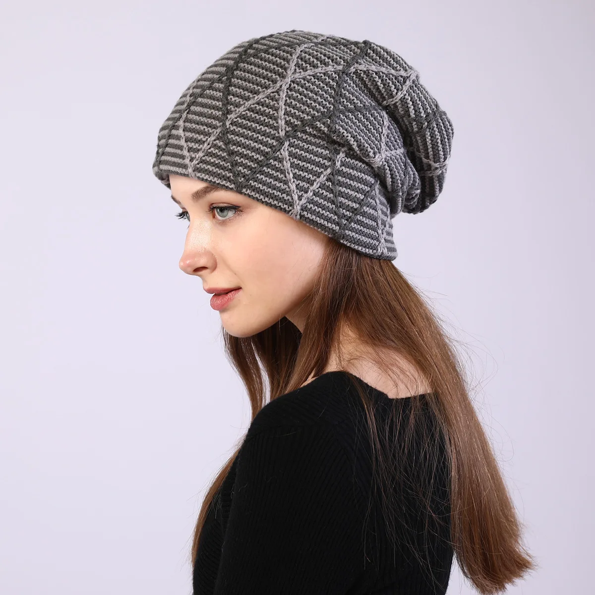 OMEA Diamond Plaid Knitted Beanie Hat for Women Beanies for Ladies Winter Skullies Hat Adjustable Pullover Plus Velvet Beanies