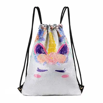 

Unicorn Print Drawstring Bag Girls Sequins Glitter Travel Bag Magic Reversible Shoulder Bag Casual Kids Cartoon School Backpack