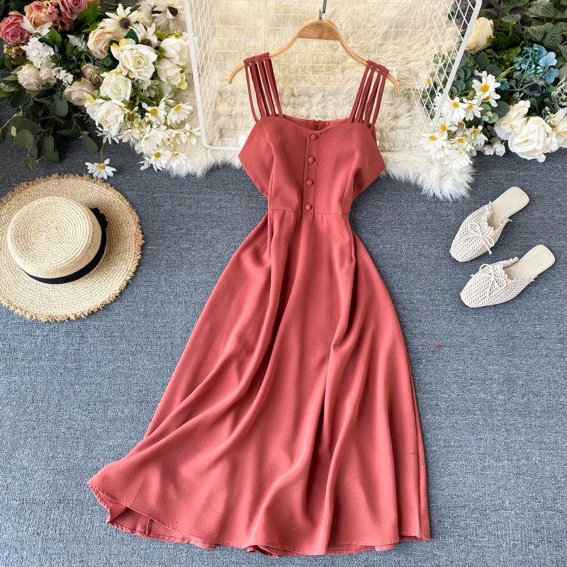 Boho Sexy Spaghetti Strap Dress Summer Midi Long Party Casual Women Beach holiday A-Line Elegant Dresses vestido de festa - Цвет: orange pink