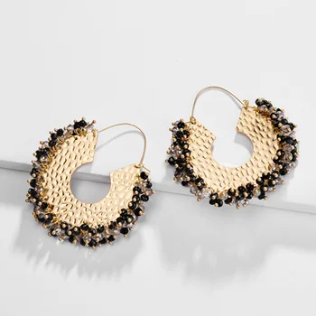 

HUIDANG Fashion Jewelry Cluster Beaded Statement Earrings Glass Crystal Metal Hoop Earring for Women