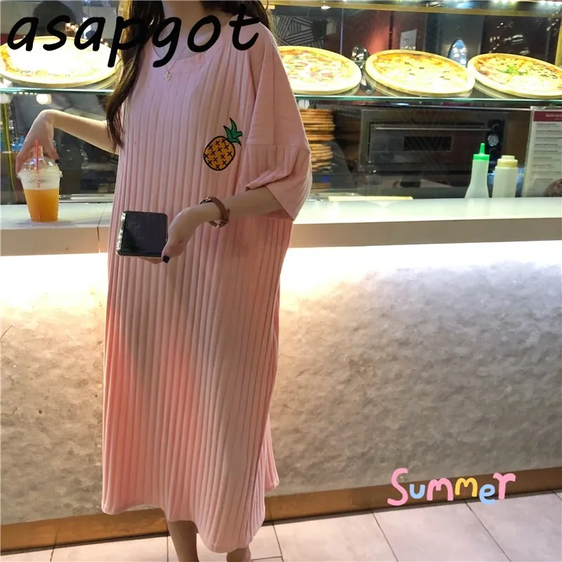 Strawberry Pineapple Watermelon Embroidered Knitted Dress Loose Casual Korean Fashion Midi Sweet Preppy Style Harajuku Vestidos | Женская